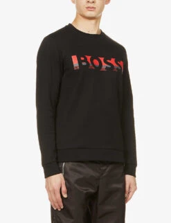 Boss Brand-print Relaxed-fit Stretch Cotton-blend Sweatshirt -Metro Style Shop R03868571 BLACK ALT02