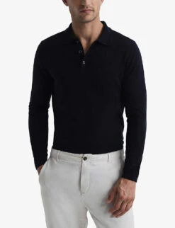 Reiss Trafford Long-sleeve Merino-wool Polo Top -Metro Style Shop R03874547 NAVY ALT02