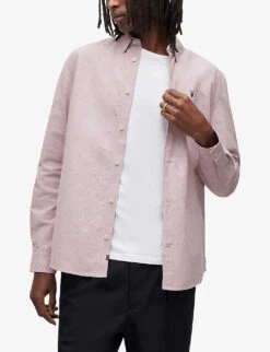 AllSaints Childers Ramskull-embroidered Regular-fit Stretch-organic Cotton Shirt -Metro Style Shop R03966461 ASHPINK ALT04