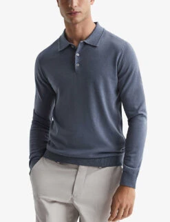 Reiss Trafford Long-sleeve Wool Polo Shirt -Metro Style Shop R04068164 NICKELBLUE ALT02