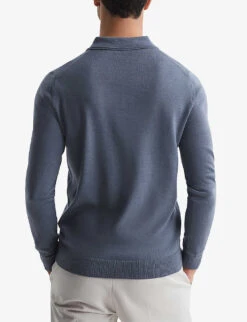 Reiss Trafford Long-sleeve Wool Polo Shirt -Metro Style Shop R04068164 NICKELBLUE ALT03