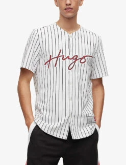 Hugo Striped Logo-print Relaxed-fit Cotton Baseball Shirt -Metro Style Shop R04093571 OPENWHITE ALT02