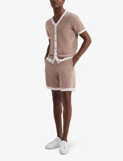 Reiss Striker Contrast-trim Pressed-stud Knitted Shirt 8 Reiss Striker Contrast-trim Pressed-stud Knitted Shirt -Metro Style Shop R04116735 CHAMPAGNE ALT01