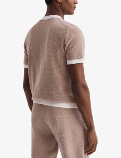 Reiss Striker Contrast-trim Pressed-stud Knitted Shirt 10 Reiss Striker Contrast-trim Pressed-stud Knitted Shirt -Metro Style Shop R04116735 CHAMPAGNE ALT03