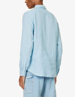 Pearlescent-button Chest-pocket Tailored-fit Linen Shirt -Metro Style Shop R04122221 BLUE ALT03