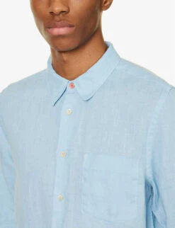 Pearlescent-button Chest-pocket Tailored-fit Linen Shirt -Metro Style Shop R04122221 BLUE ALT04