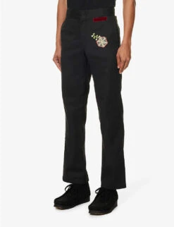 Brand-patch Floral-embroidered Straight-leg Cotton-blend Trousers -Metro Style Shop R04126422 BLACK ALT02