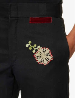 Brand-patch Floral-embroidered Straight-leg Cotton-blend Trousers -Metro Style Shop R04126422 BLACK ALT04