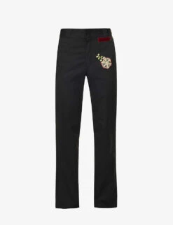 Brand-patch Floral-embroidered Straight-leg Cotton-blend Trousers