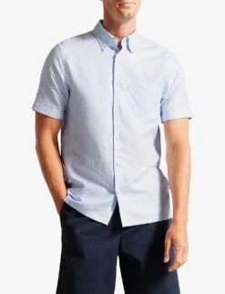 Ted Baker Lytham Striped Short-sleeved Linen And Cotton-blend Shirt -Metro Style Shop R04133337 LTBLUE ALT02