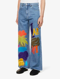 Marni Brand-appliqué Flared-hem Flared-leg Relaxed-fit Trousers -Metro Style Shop R04143405 IRISBLUE ALT02