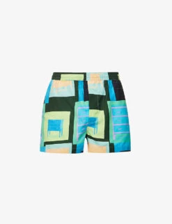 Box-print Elasticated-waistband Swim Shorts