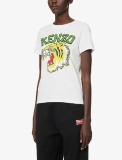 Kenzo Varsity Tiger Brand-print Cotton-jersey T-shirt -Metro Style Shop R04145428 WHITE ALT02