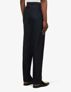 Giorgio Armani Crinkle-textured Pleated Straight-leg Regular-fit Woven Trousers -Metro Style Shop R04147522 NIGHTSKY ALT03