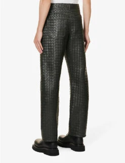 Bottega Veneta Intrecciato Straight-leg Regular-fit Leather Trousers -Metro Style Shop R04157976 DARKGREEN ALT03