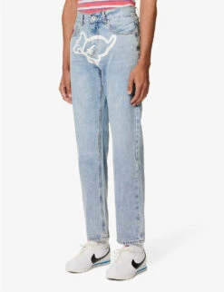 Running Puppy Brand-print Straight-leg Jeans -Metro Style Shop R04158110 BLUE ALT02