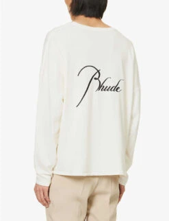 Rhude Reverse Logo-print Long-sleeved Cotton-jersey T-shirt -Metro Style Shop R04160410 VINTAGEWHITE ALT03