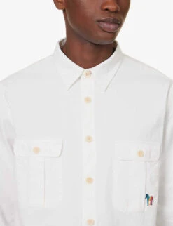 Zebra-embroidered Flap-pocket Regular-fit Organic-cotton Shirt -Metro Style Shop R04161310 WHITE ALT04