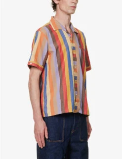 Striped Camp-collar Regular-fit Woven Shirt -Metro Style Shop R04162299 ORANGE ALT02