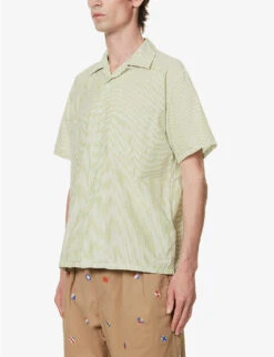 Camp-collar Stripe-print Regular-fit Cotton-blend Shirt -Metro Style Shop R04162303 GREEN ALT02