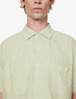 Camp-collar Stripe-print Regular-fit Cotton-blend Shirt -Metro Style Shop R04162303 GREEN ALT04