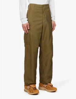 Patch-pockets Wide-leg Mid-rise Cotton Trousers -Metro Style Shop R04162324 OLIVE ALT02