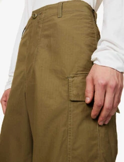 Patch-pockets Wide-leg Mid-rise Cotton Trousers -Metro Style Shop R04162324 OLIVE ALT04