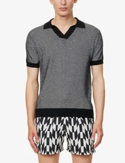 Contrasting-trim V-neck Cotton And Silk-blend Polo Shirt -Metro Style Shop R04167482 BLACK ALT02