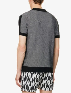 Contrasting-trim V-neck Cotton And Silk-blend Polo Shirt -Metro Style Shop R04167482 BLACK ALT03