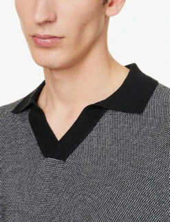 Contrasting-trim V-neck Cotton And Silk-blend Polo Shirt -Metro Style Shop R04167482 BLACK ALT04