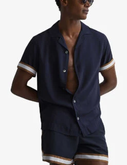 Reiss Valbonne Cuban-collar Short-sleeve Woven Shirt -Metro Style Shop R04169109 NAVYTOBACCO ALT02