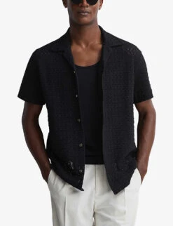 Reiss Scorpio Cuban-collar Short-sleeve Cotton Crochet Shirt -Metro Style Shop R04180988 BLACK ALT02