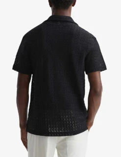 Reiss Scorpio Cuban-collar Short-sleeve Cotton Crochet Shirt -Metro Style Shop R04180988 BLACK ALT03