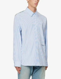 Versace Baroque-panel Striped Relaxed-fit Cotton-poplin Shirt -Metro Style Shop R04181573 LIGHTBLUEIVORY ALT02