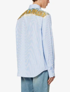 Versace Baroque-panel Striped Relaxed-fit Cotton-poplin Shirt -Metro Style Shop R04181573 LIGHTBLUEIVORY ALT03