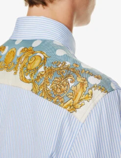 Versace Baroque-panel Striped Relaxed-fit Cotton-poplin Shirt -Metro Style Shop R04181573 LIGHTBLUEIVORY ALT04