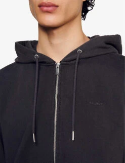 Sandro Hooded Chest-embroidered Cotton-fleece Sweatshirt -Metro Style Shop R04197498 NOIRGRIS ALT04